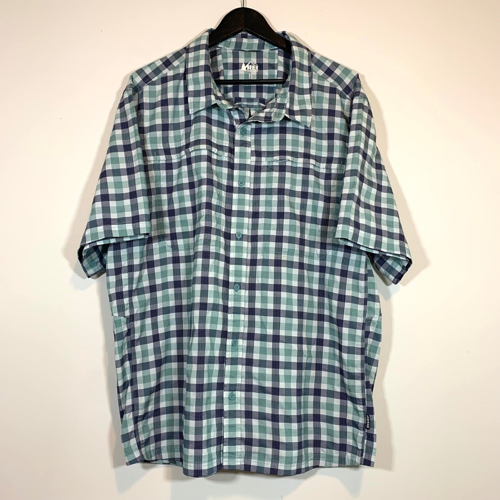 REI Co-op Mens XL Plaid Short Sleeve Button Down Hiking Shirt Blue Green Outdoor